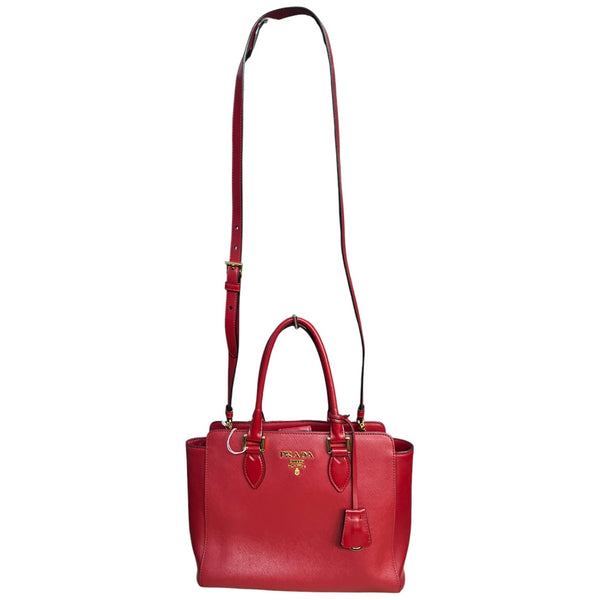 PRADA Saffiano Leather 2Way Tote Handbag Red Gold Hardware PR186