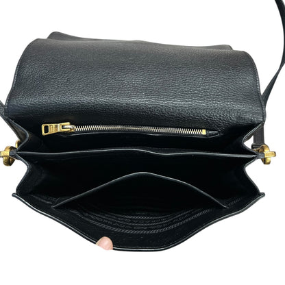 PRADA Vitello Daino Pebbled Leather Crossbody Flap Bag Black Gold Hardware PR189