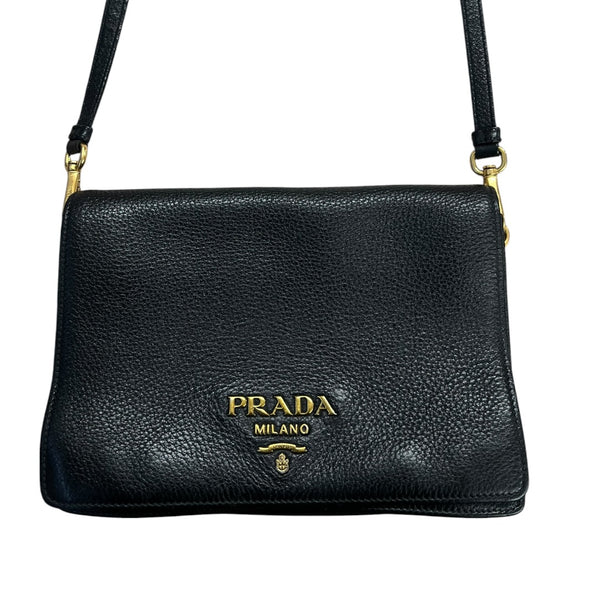 PRADA Vitello Daino Pebbled Leather Crossbody Flap Bag Black Gold Hardware PR189
