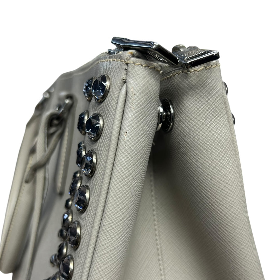 PRADA Saffiano Studded Galleria Tote Handbag Light Gray Silver Hardware PR185