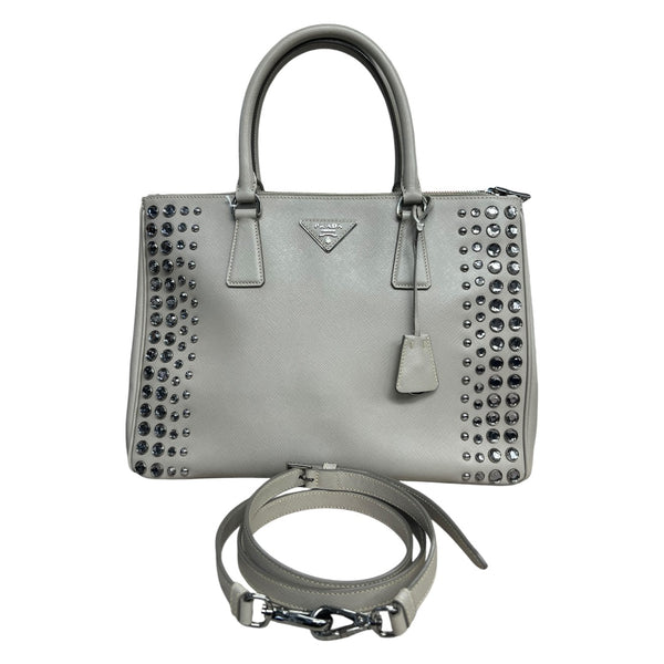 PRADA Saffiano Studded Galleria Tote Handbag Light Grey Silver Hardware PR185