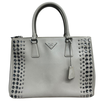 PRADA Saffiano Studded Galleria Tote Handbag Light Gray Silver Hardware PR185