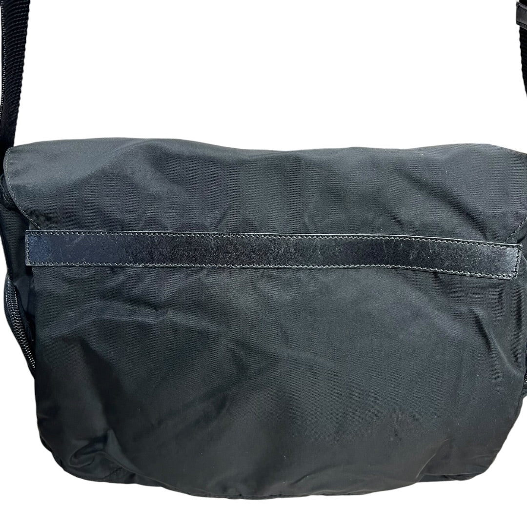 PRADA Tessuto Nylon Messenger Crossbody Bag Black Silver Hardware PR190