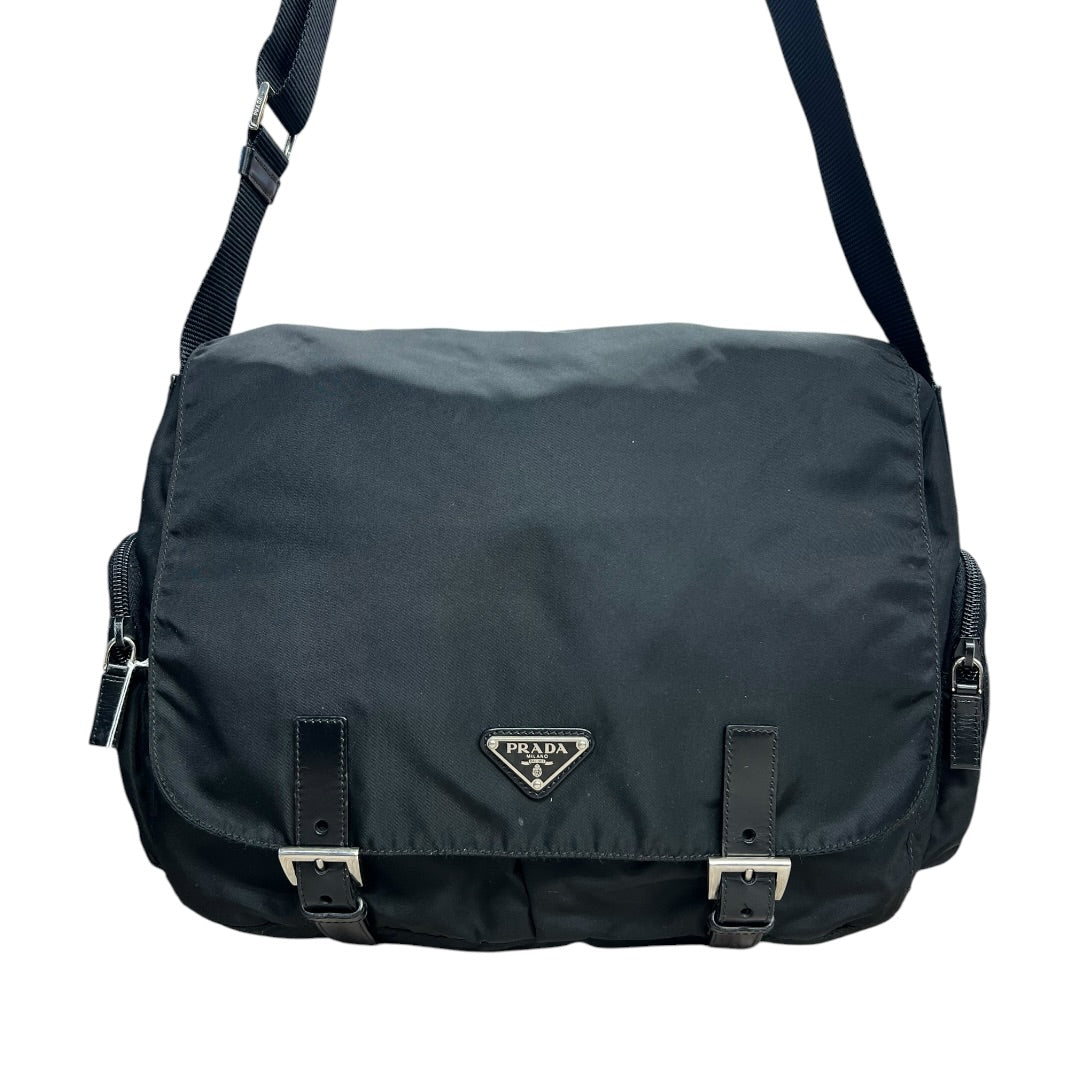 PRADA Tessuto Nylon Messenger Crossbody Bag Black Silver Hardware PR190
