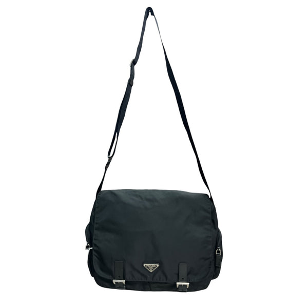 PRADA Tessuto Nylon Messenger Crossbody Bag Black Silver Hardware PR190