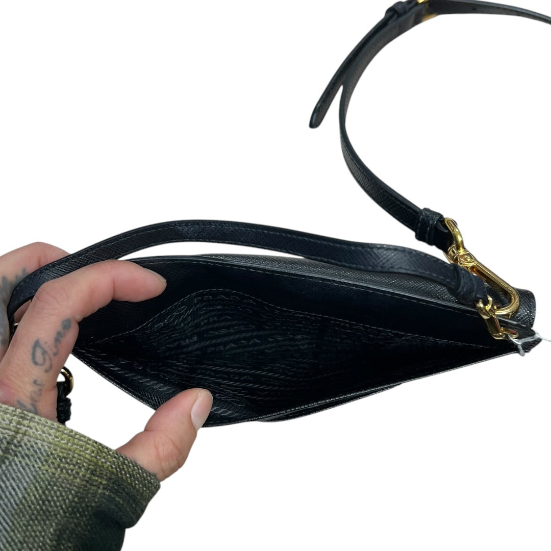 PRADA Saffiano Leather Flat Crossbody Shoulder Bag Black Gold Hardware PR191