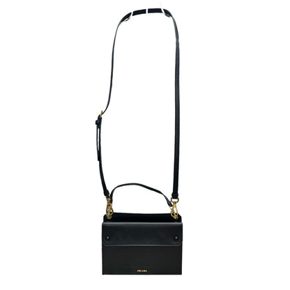 PRADA Saffiano Leather Flat Crossbody Shoulder Bag Black Gold Hardware PR191