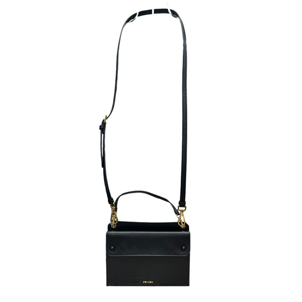 PRADA Saffiano Leather Flat Crossbody Shoulder Bag Black Gold Hardware PR191