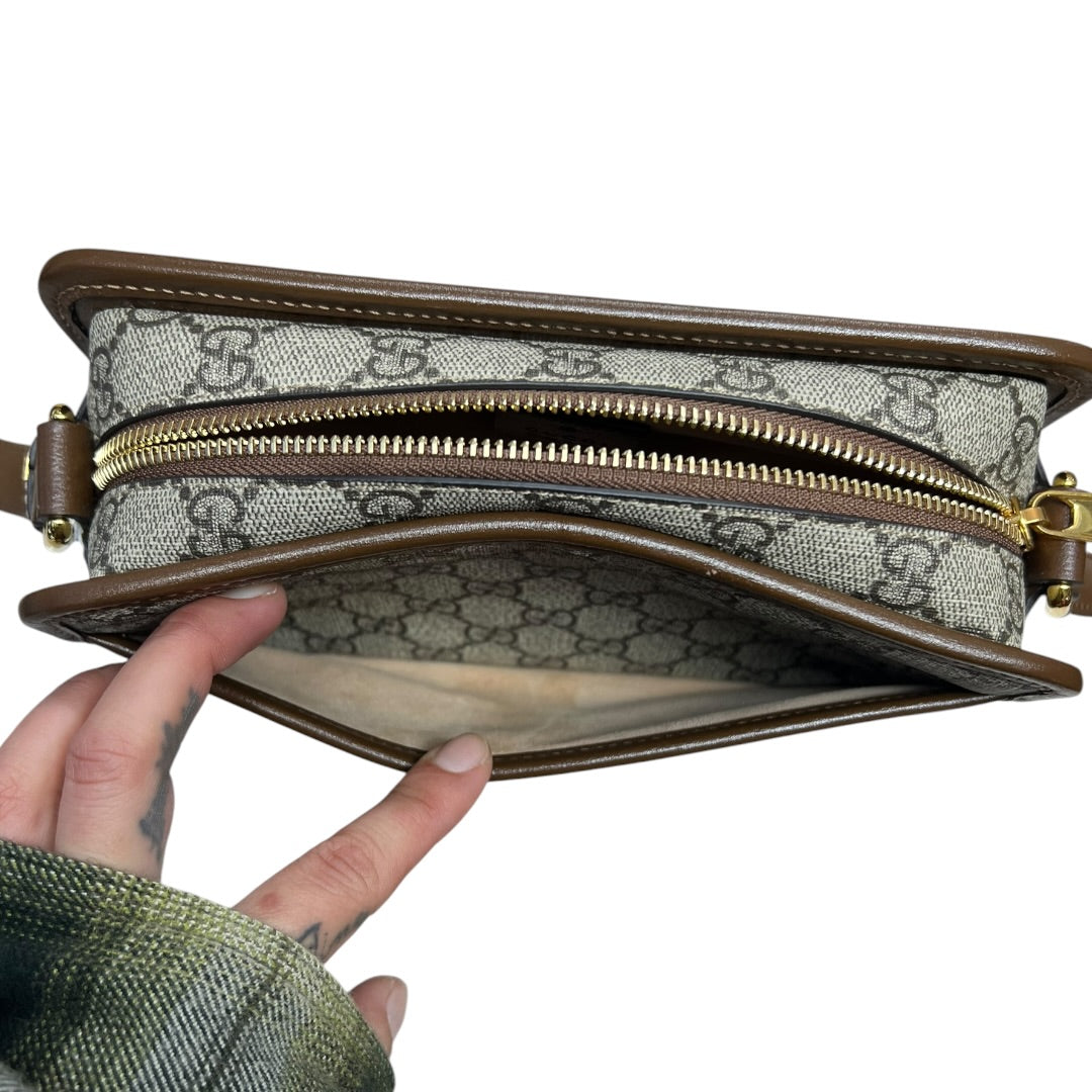 GUCCI GG Supreme Interlocking G Mini Shoulder Bag Beige Gold Hardware Gu580