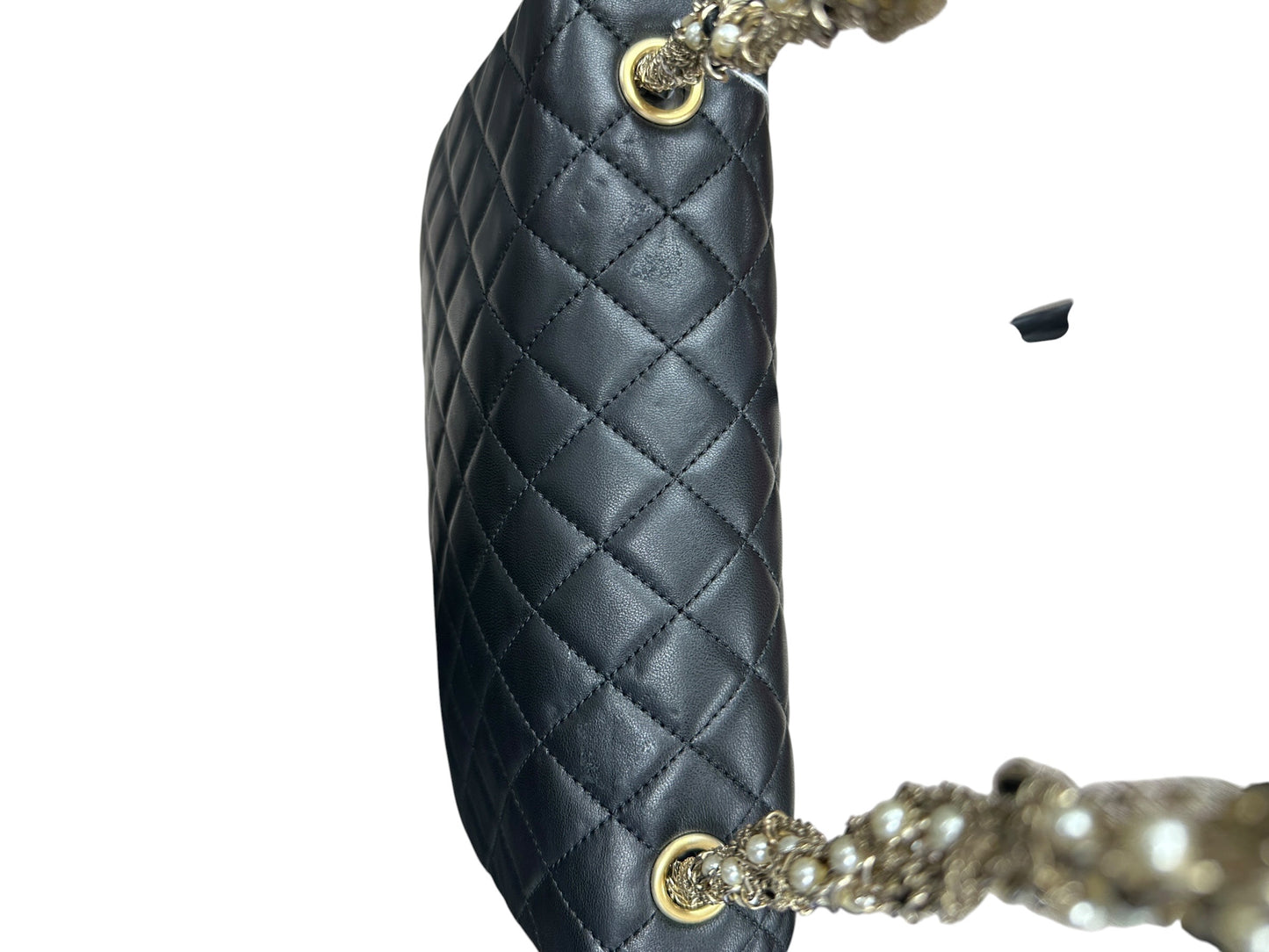 CHANEL Lambskin Classic Flap Pearl Chain Shoulder Bag Black Gold Hardware CH2141