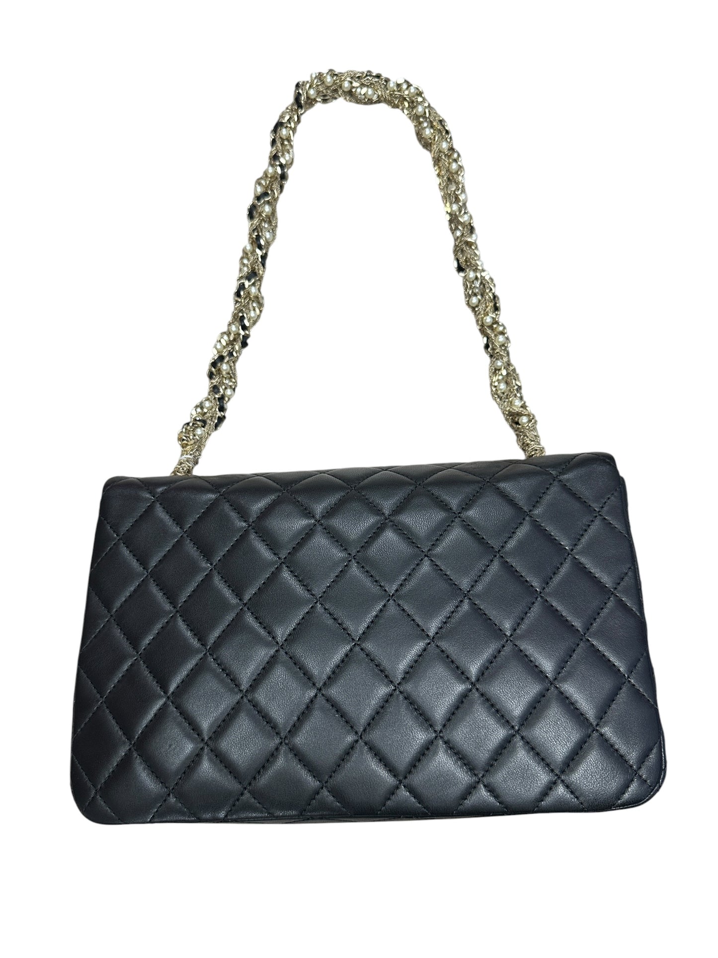 CHANEL Lambskin Classic Flap Pearl Chain Shoulder Bag Black Gold Hardware CH2141