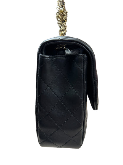 CHANEL Lambskin Classic Flap Pearl Chain Shoulder Bag Black Gold Hardware CH2141