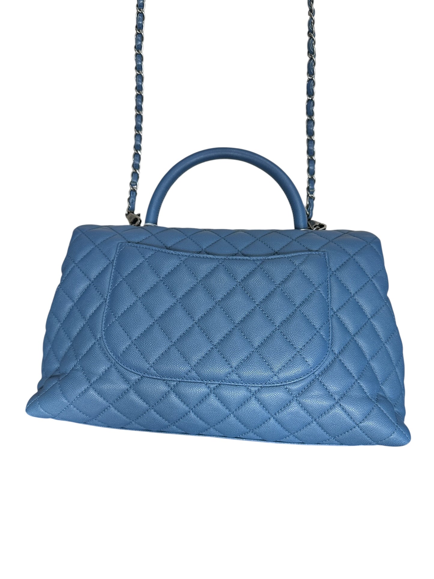 CHANEL Caviar Coco Handle Top Handle Bag Blue Silver Hardware CH2142