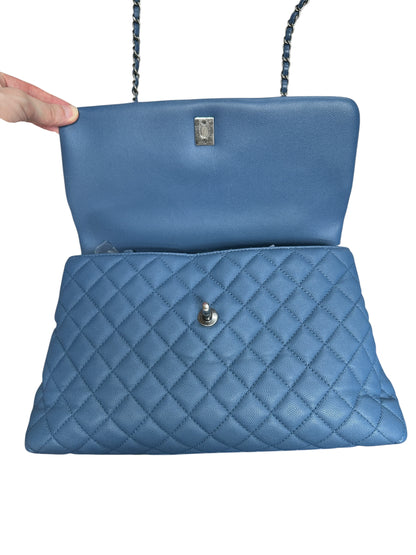 CHANEL Caviar Coco Handle Top Handle Bag Blue Silver Hardware CH2142