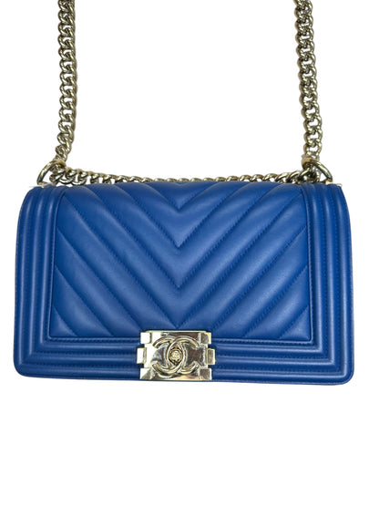 CHANEL Lambskin Boy Bag Old Medium Chevron Flap Blue Gold Hardware CH2144