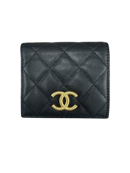 CHANEL Caviar Quilted Compact Bifold Wallet Black Gold Hardware CH2147