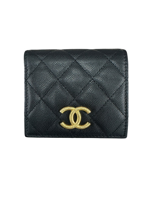 CHANEL Caviar Quilted Compact Bifold Wallet Black Gold Hardware CH2147
