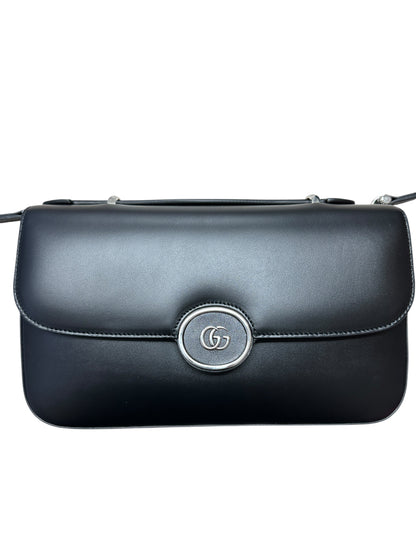GUCCI Smooth Leather Petite GG Shoulder Bag Black Silver Hardware GU592