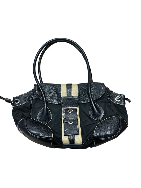PRADA Tessuto Nylon Leather Buckle Handbag Black Silver Hardware PR195