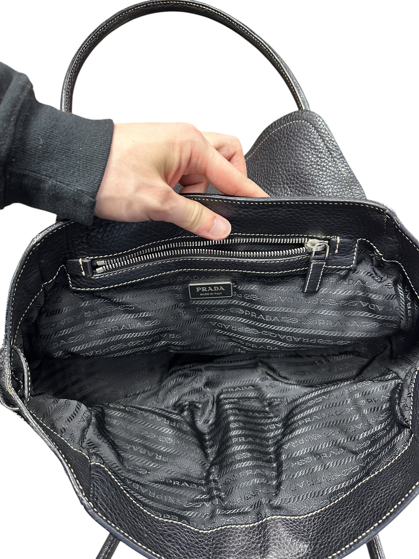 PRADA Tessuto Nylon Leather Buckle Handbag Black Silver Hardware PR195