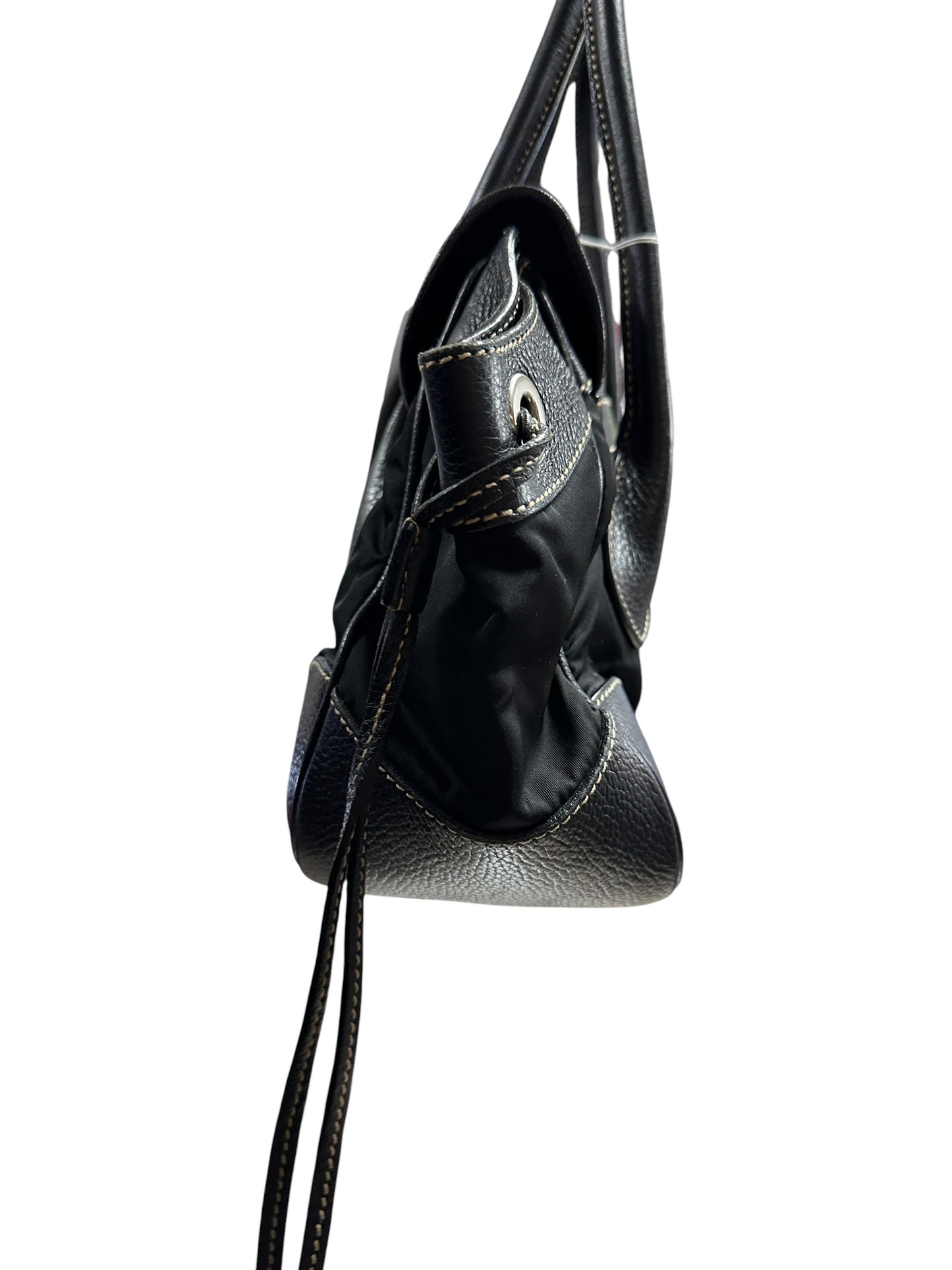 PRADA Tessuto Nylon Leather Buckle Handbag Black Silver Hardware PR195