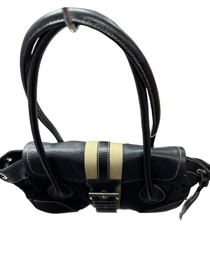 PRADA Tessuto Nylon Leather Buckle Handbag Black Silver Hardware PR195