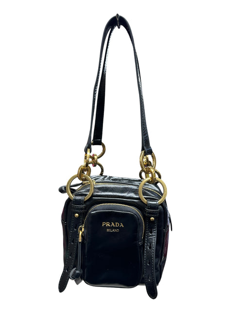PRADA Glace Calfskin Multi Pocket Shoulder Bag Black Gold Hardware PR196