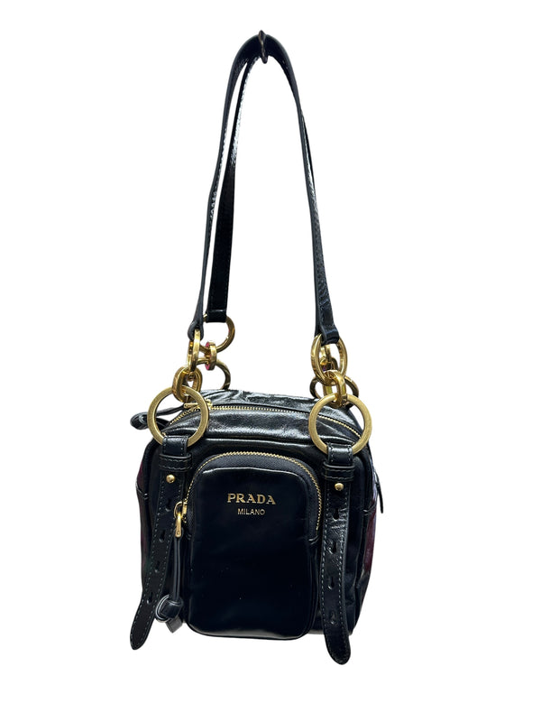 PRADA Glace Calfskin Multi Pocket Shoulder Bag Black Gold Hardware PR196