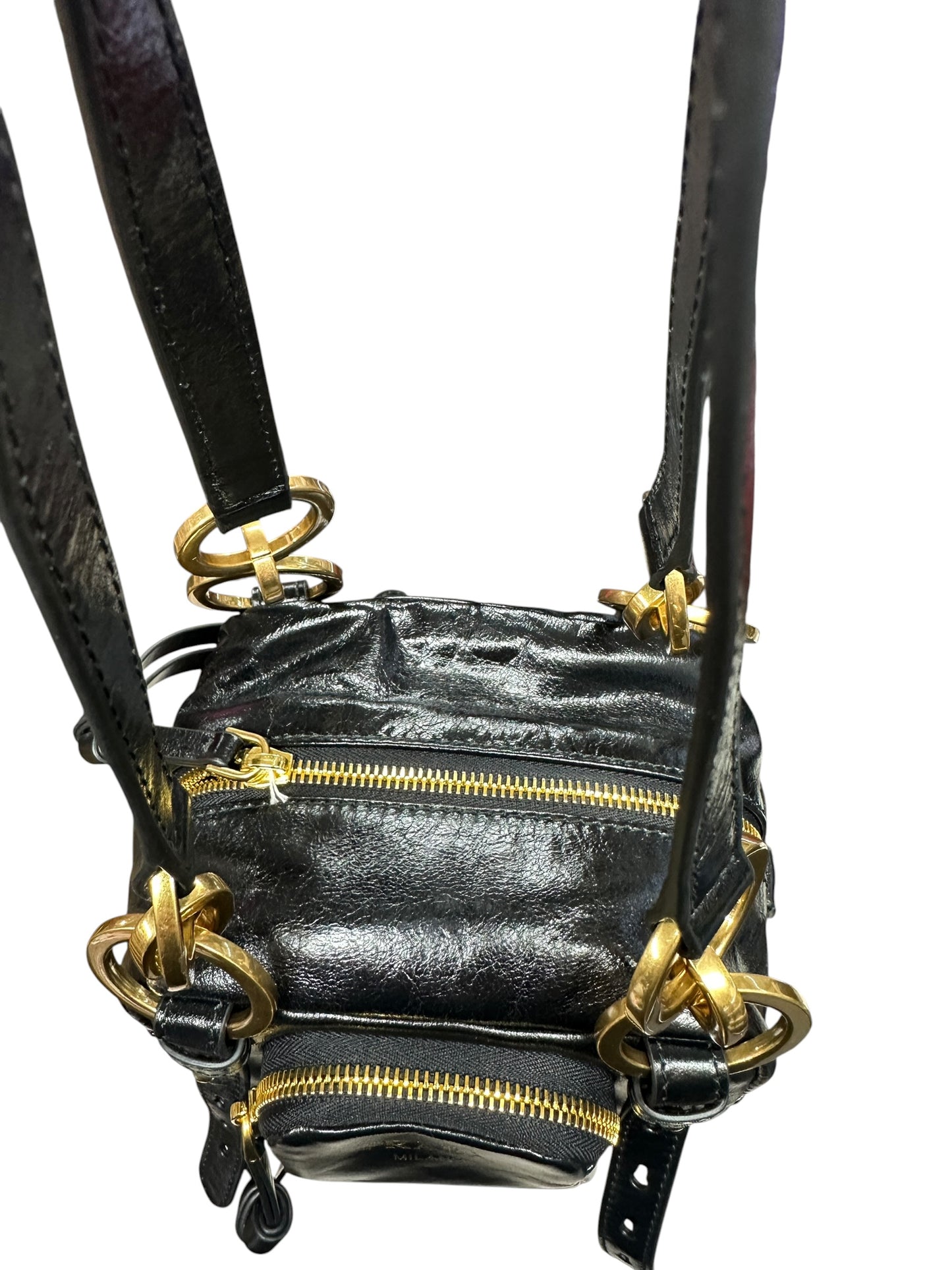 PRADA Glace Calfskin Multi Pocket Shoulder Bag Black Gold Hardware PR196