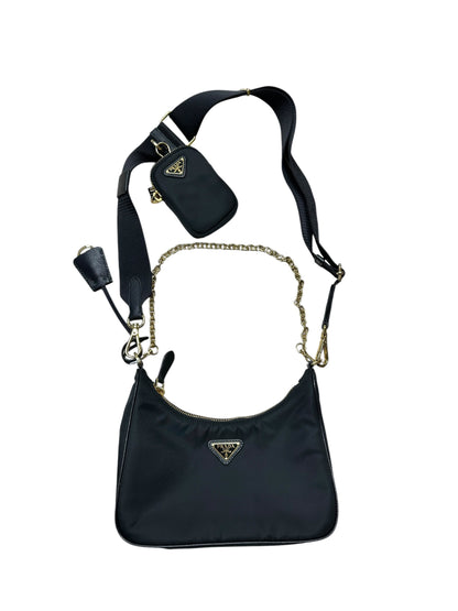 PRADA Re-Edition 2005 Nylon Chain Shoulder Bag Black Gold Hardware PR197