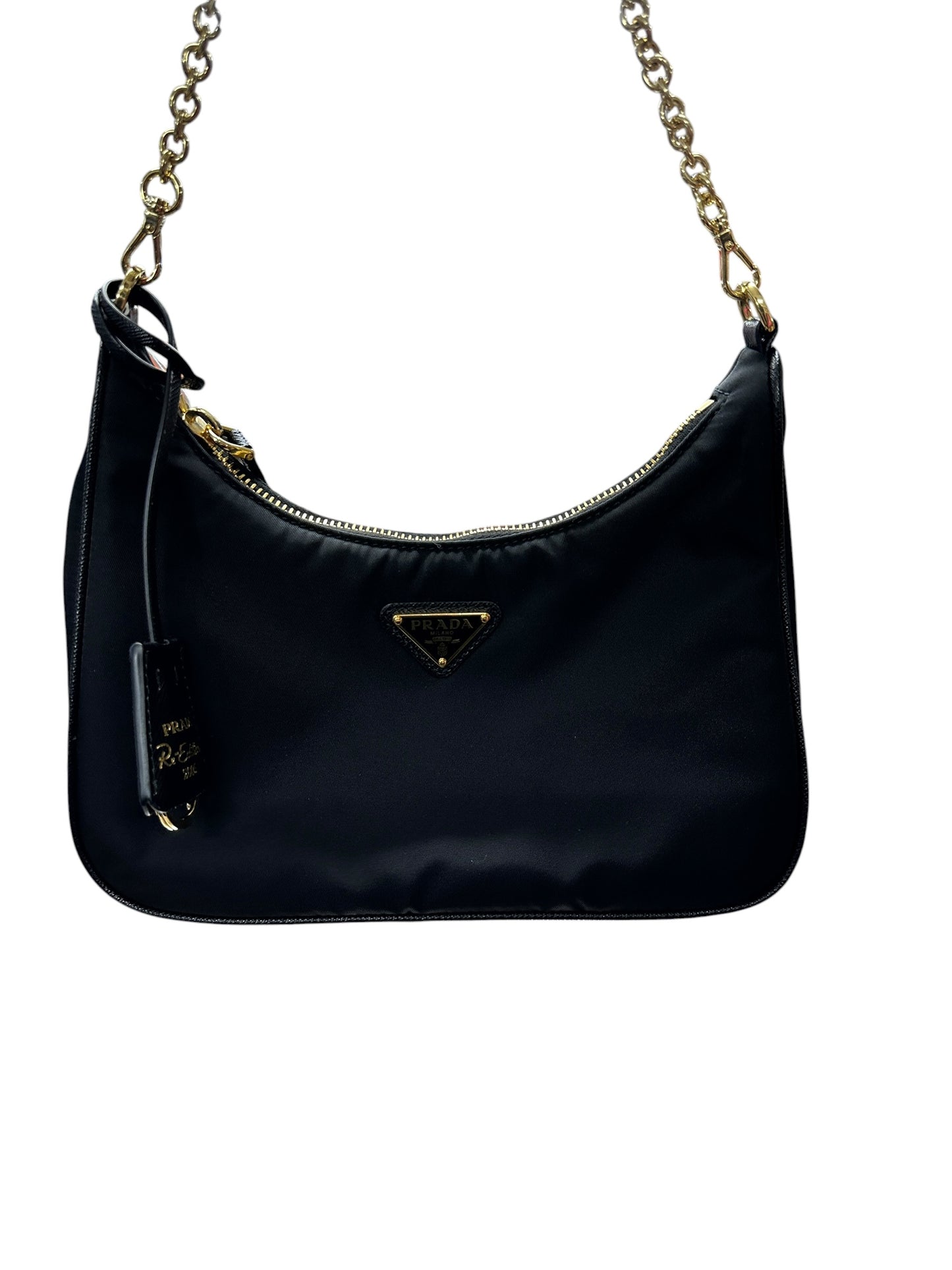 PRADA Re-Edition 2005 Nylon Chain Shoulder Bag Black Gold Hardware PR197