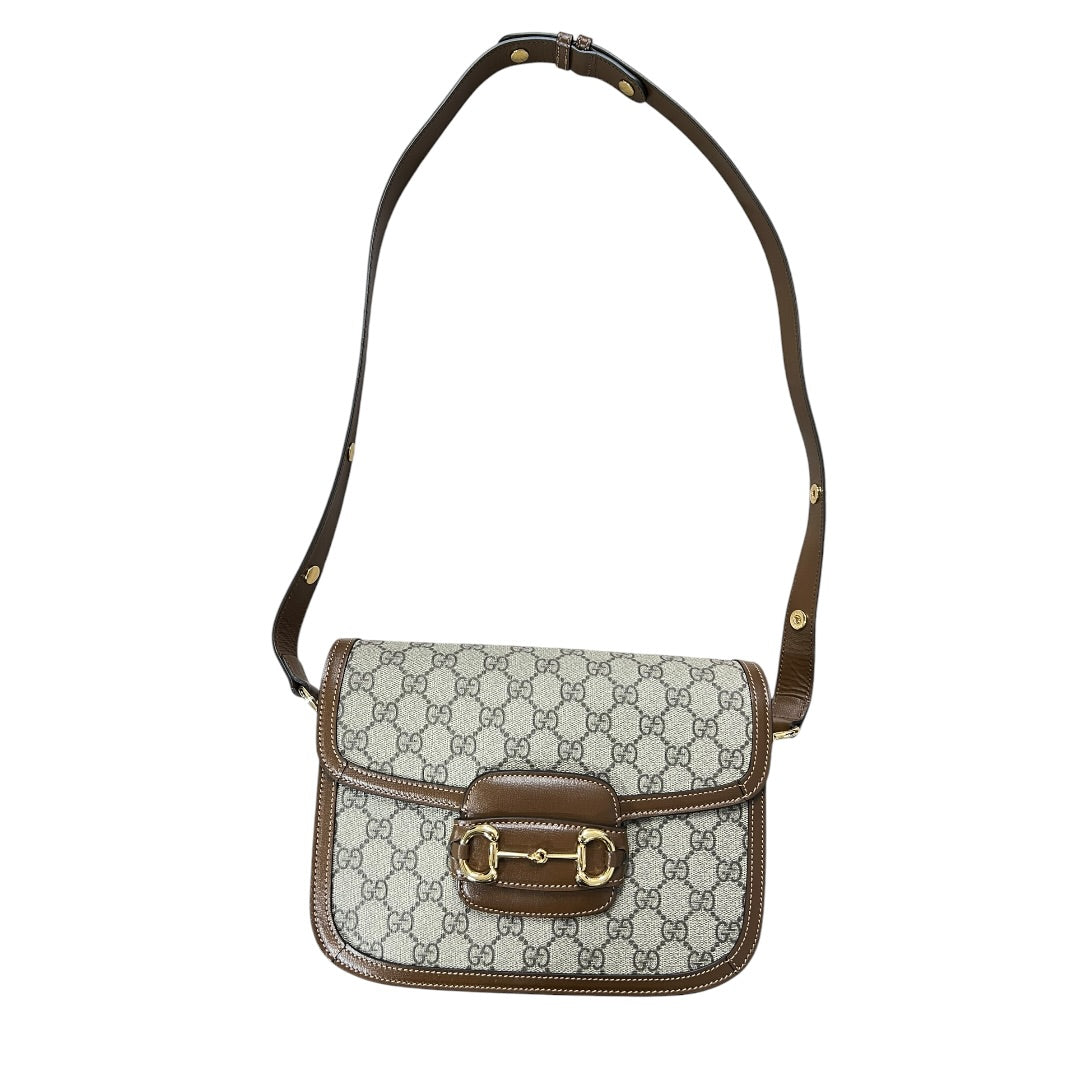 GUCCI GG Supreme Horsebit 1955 Shoulder Bag Beige Brown Gold Hardware GU596