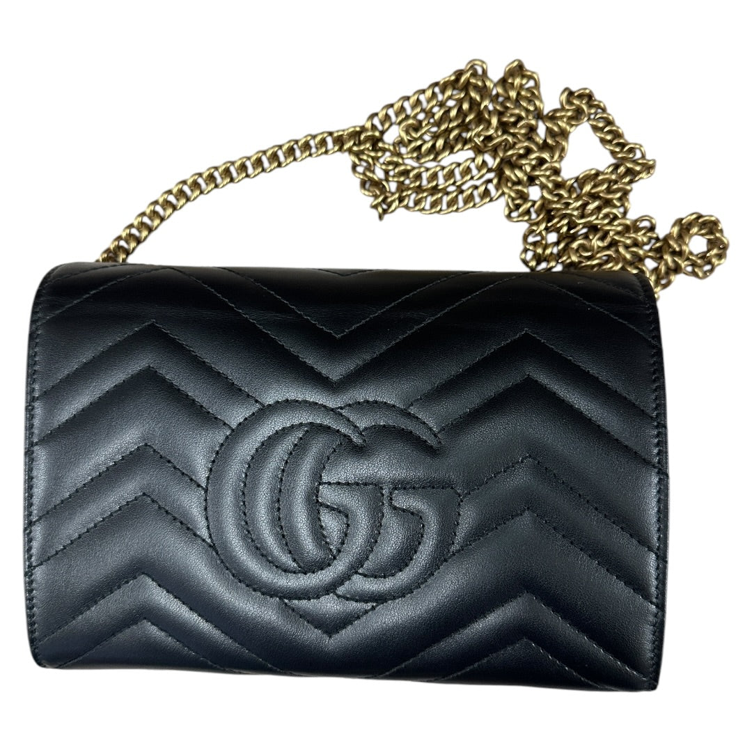 GUCCI Matelasse Leather GG Marmont Mini Wallet on Chain Crossbody Bag Black Gold Hardware GU603