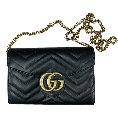 GUCCI Matelasse Leather GG Marmont Mini Wallet on Chain Crossbody Bag Black Gold Hardware GU603