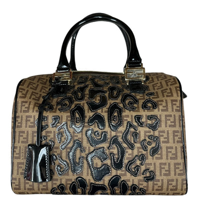 FENDI Zucchino Canvas Boston Handbag Brown Patent Trim Gold Hardware FE376