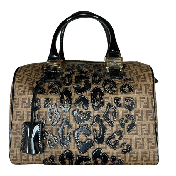 FENDI Zucchino Canvas Boston Handbag Brown Patent Trim Gold Hardware FE376
