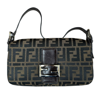 FENDI Zucca Canvas Baguette Shoulder Bag Brown Black Silver Hardware FE378