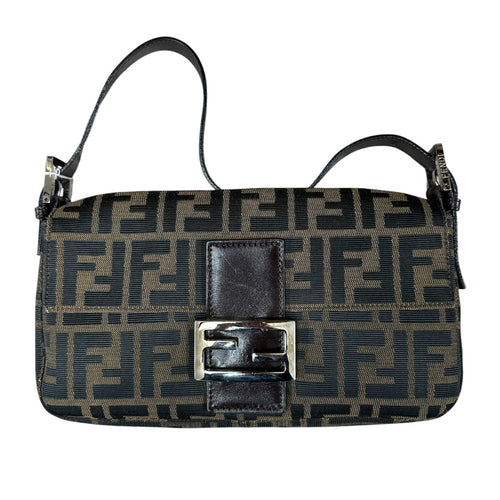 FENDI Zucca Canvas Baguette Shoulder Bag Brown Black Silver Hardware FE378
