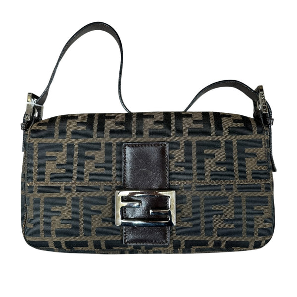 FENDI Zucca Canvas Baguette Shoulder Bag Brown Black Silver Hardware FE378