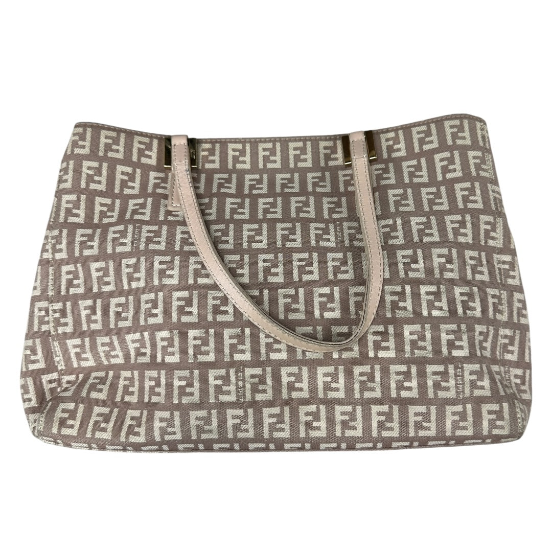FENDI Zucchino Canvas Tote Shoulder Bag Beige Silver Hardware FE377