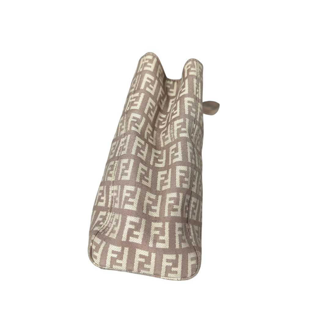 FENDI Zucchino Canvas Tote Shoulder Bag Beige Silver Hardware FE377