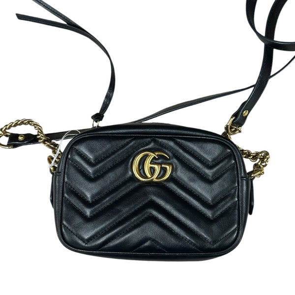 GUCCI Matelassé Leather GG Marmont Mini Camera Crossbody Bag Black Gold Hardware GU602