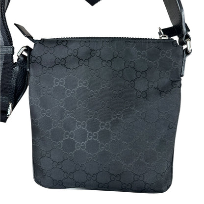 GUCCI GG Nylon Flat Messenger Crossbody Bag Black Silver Hardware GU594