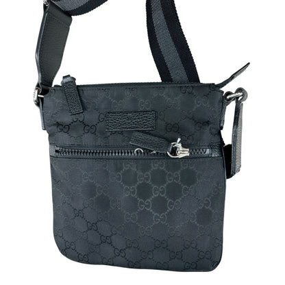GUCCI GG Nylon Flat Messenger Crossbody Bag Black Silver Hardware GU594