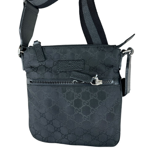 GUCCI GG Nylon Flat Messenger Crossbody Bag Black Silver Hardware GU594