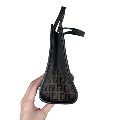 FENDI Zucchino Canvas Tote Handbag Brown Black Gold Hardware FE380