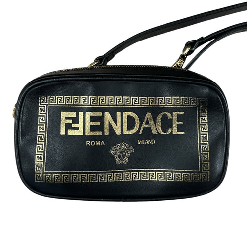 FENDI x VERSACE FENDACE Smooth Leather Camera Crossbody Bag Black Gold Hardware FE379