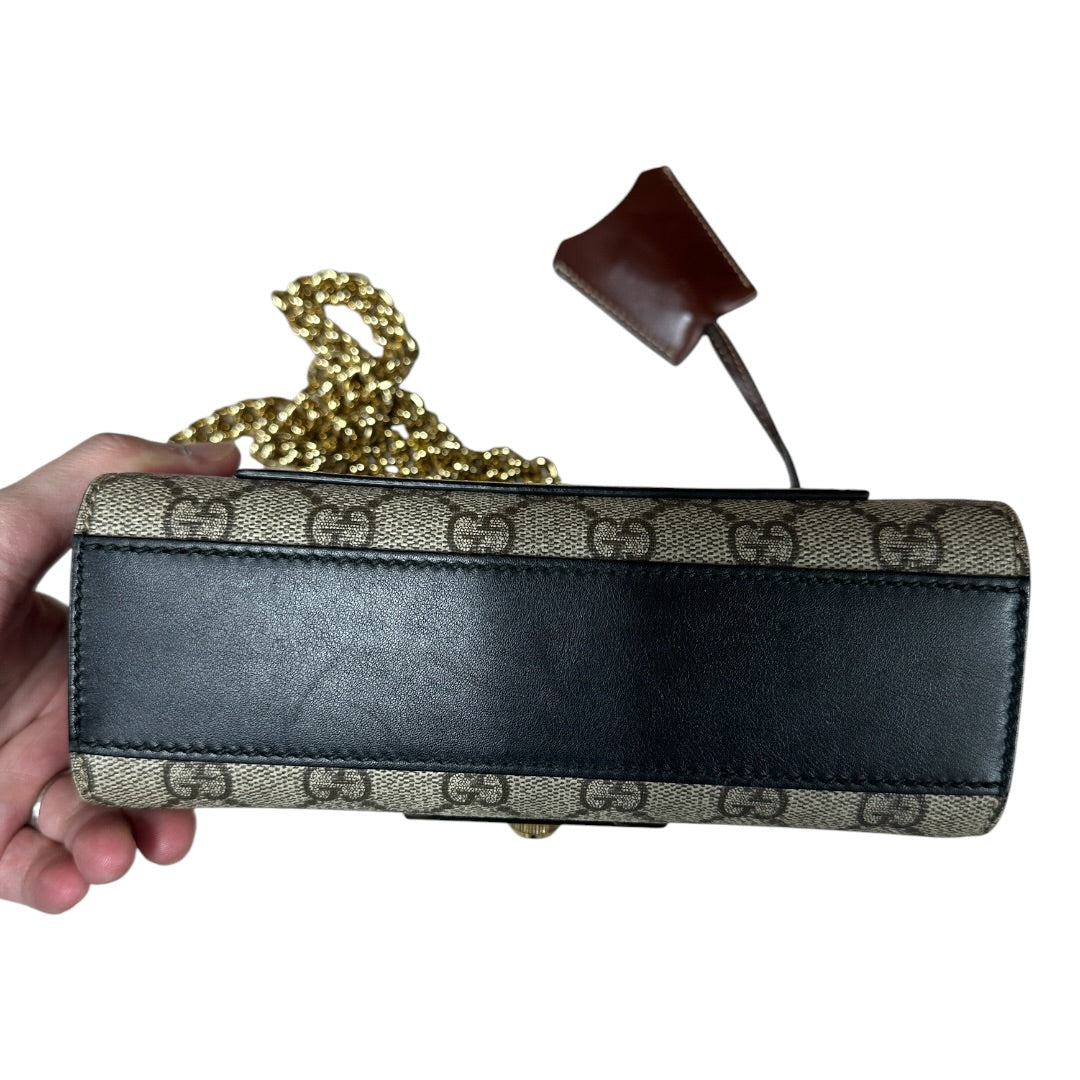 GUCCI GG Supreme Padlock Small Shoulder Bag Beige Black Gold Hardware GU599