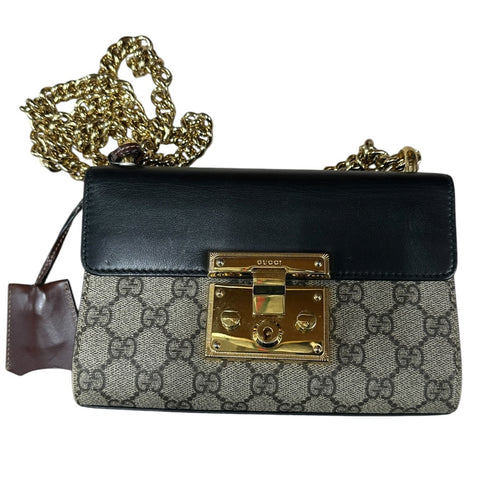 GUCCI GG Supreme Padlock Small Shoulder Bag Beige Black Gold Hardware GU599