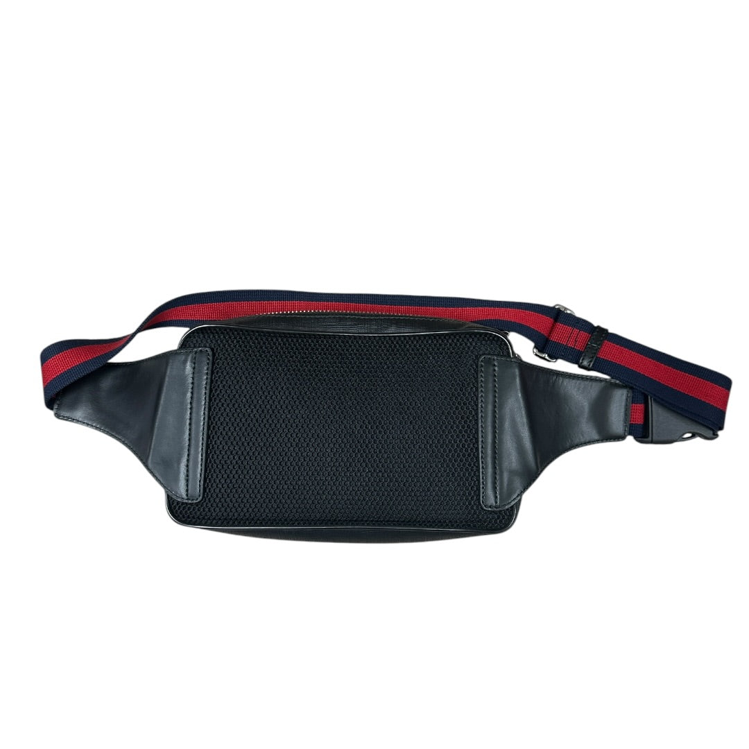 GUCCI GG Supreme Belt Bag Waist Bag Black Web Strap Silver Hardware GU597